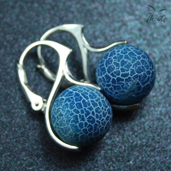 Sterling silver earrings: CRUSH AGATE. Blue, azure agate. Mat stone.