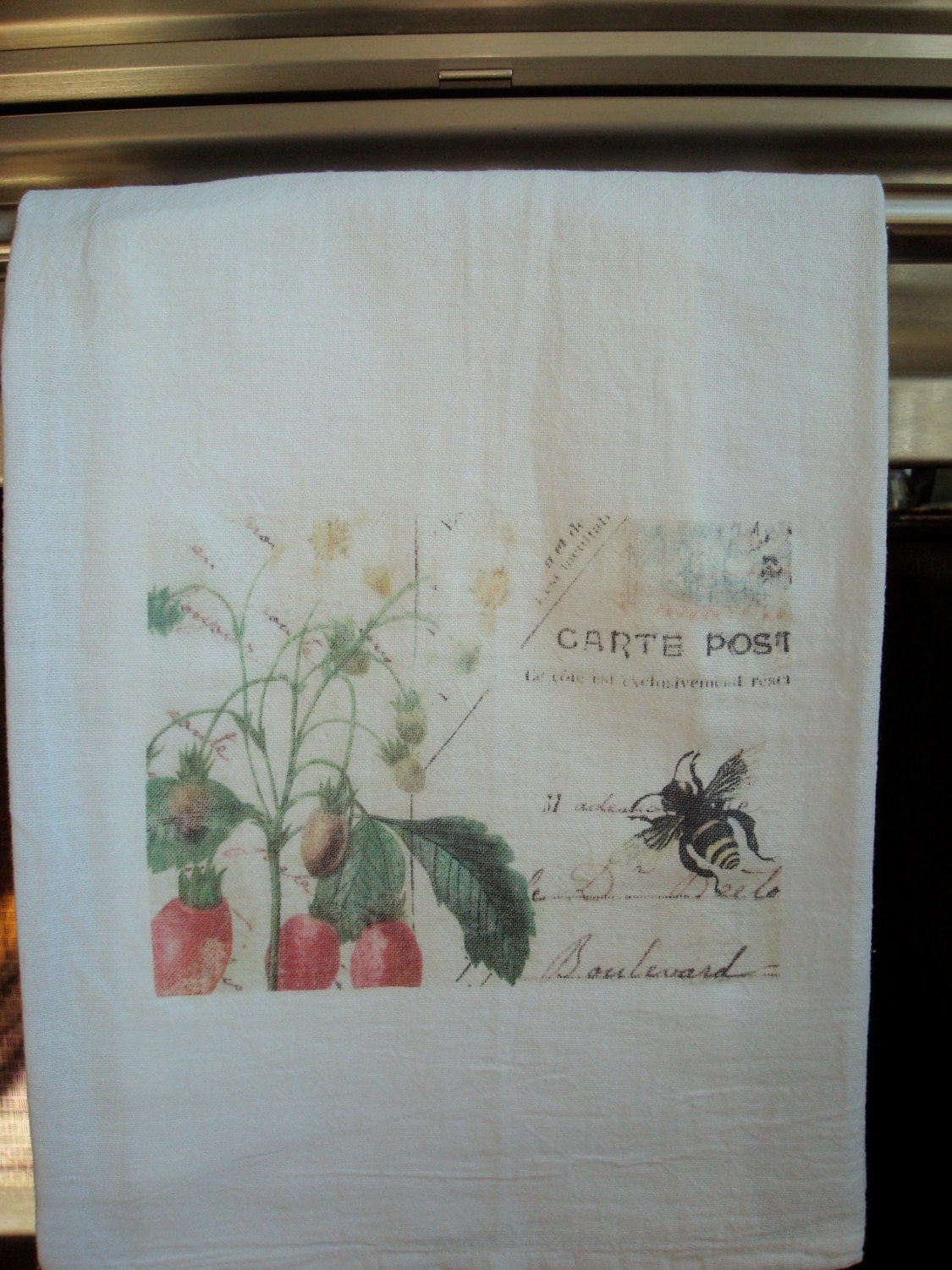 Botanical bee and strawberry vintage flour sack towel