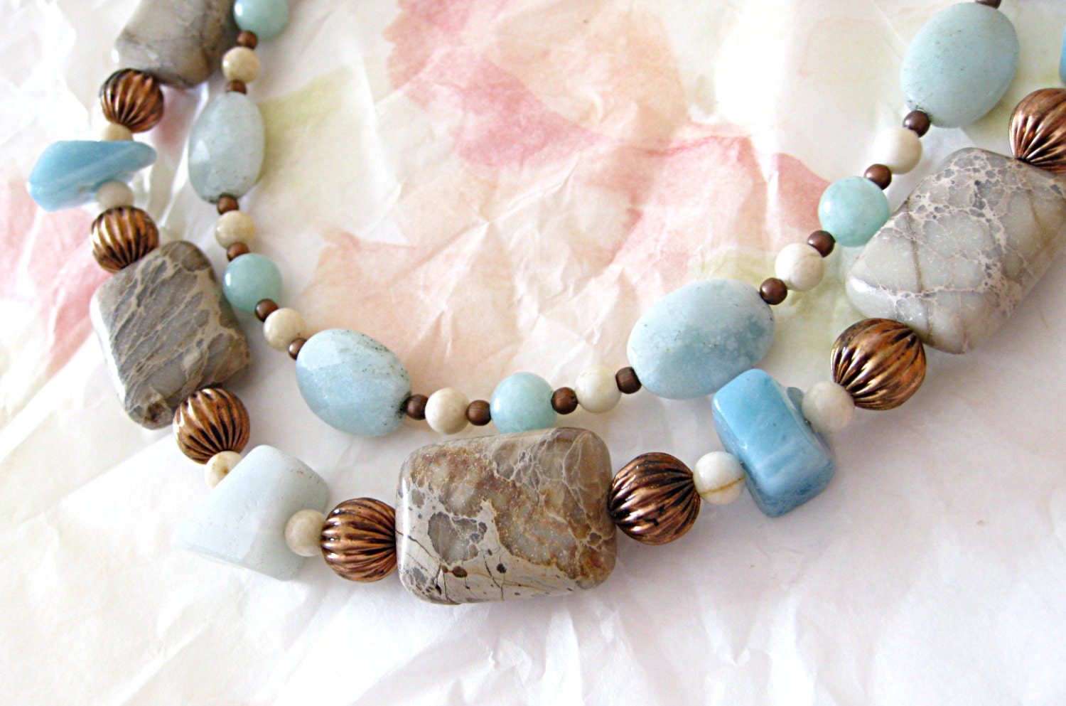 Amazonite, Impression Jasper, & Copper Two Strand Necklace - Bohemian, Ocean, Cream