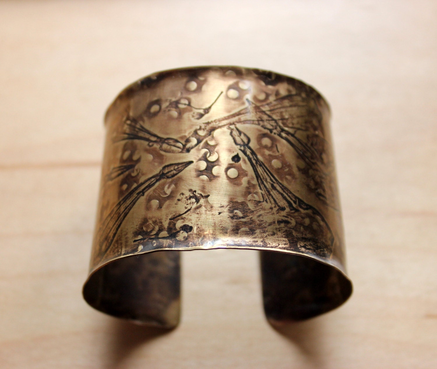 He Loves Me, He Loves Me Not-Cuff Bracelet Flower Embossed Brass