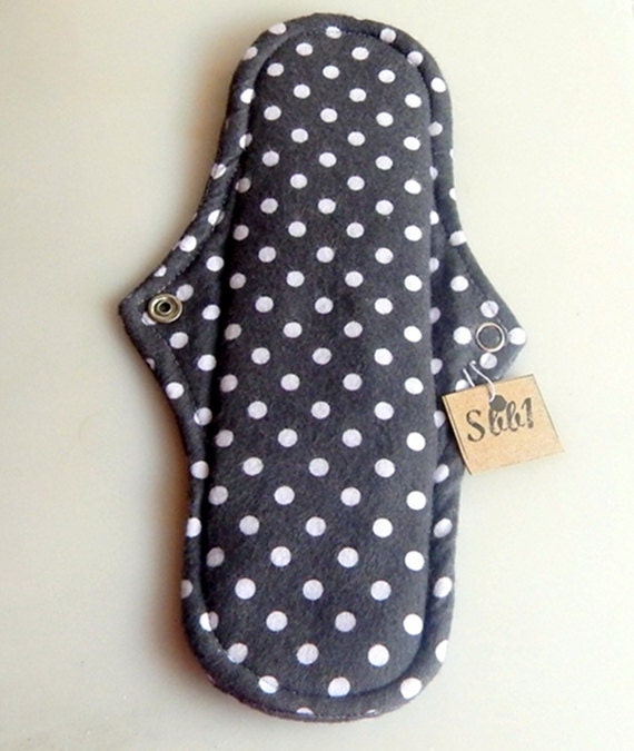 Washable Cloth Menstrual Pad in White and Black Polka Dot Cotton Flannel Fabric