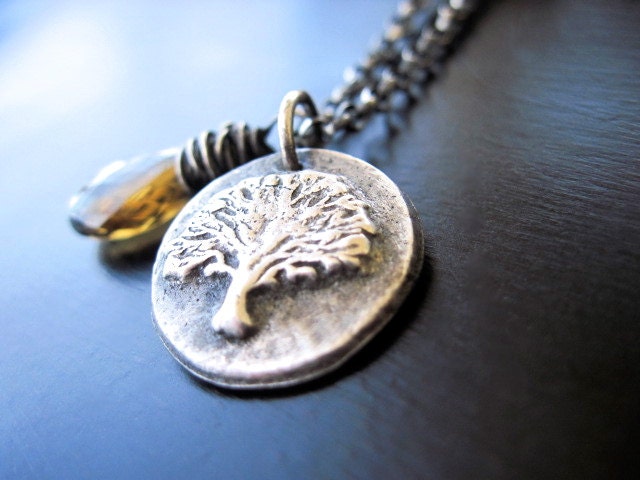 Cognac Quartz Necklace, Oxidized Fine Silver Tree of Life