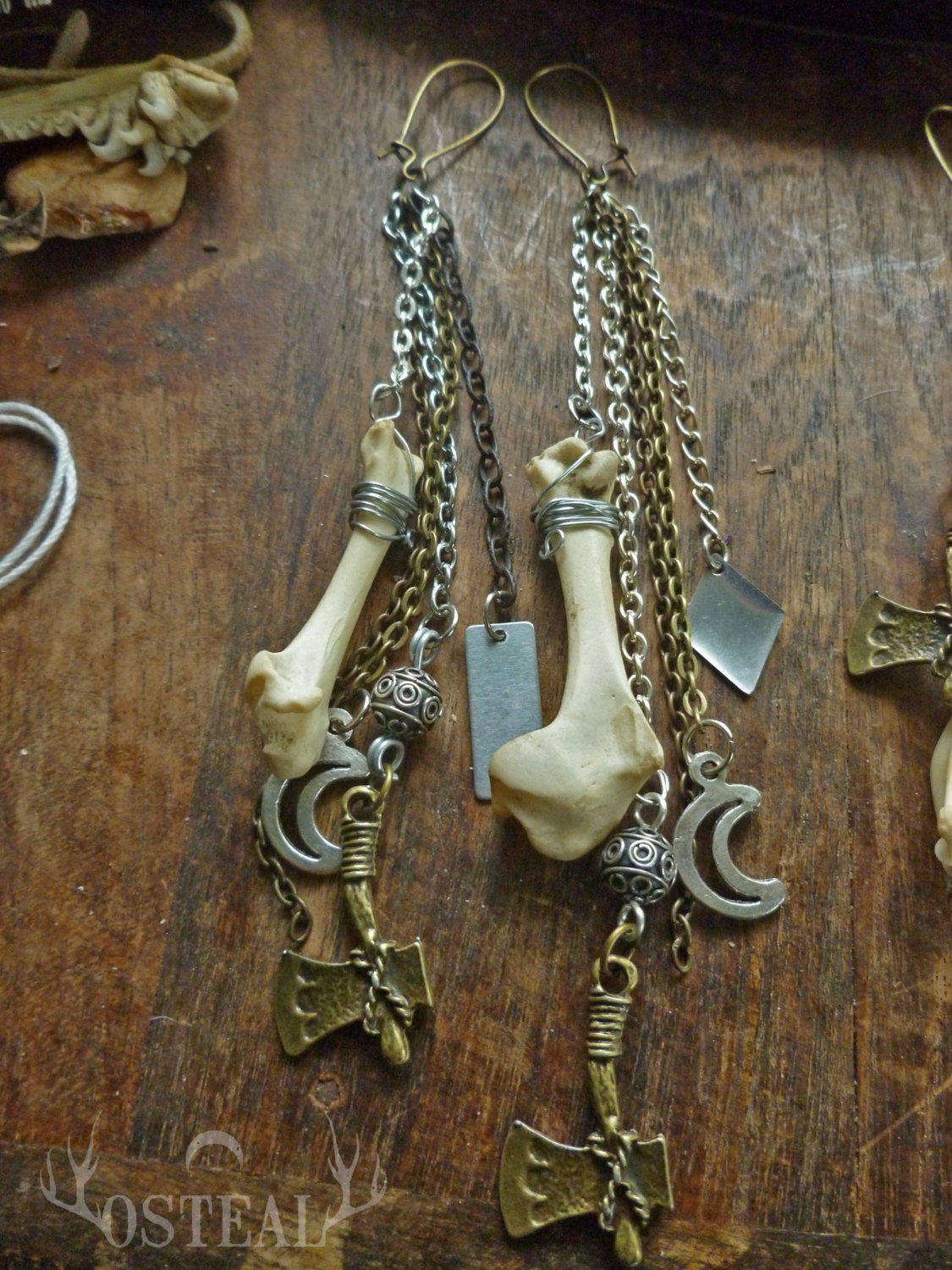 Custom Listing for Kendra - Cailleach Bheur  - goddess, bone earrings with axe charm