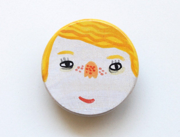 wooden badge hand painted character wearable art pin