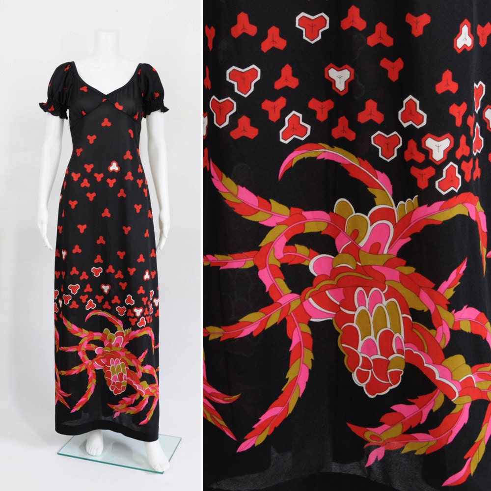 Swirly Black & Pink Print Maxi Dress / S / M