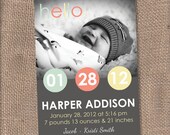 RETRO Dots Baby Birth Announcement Photo Card - One Photo - Printable 5x7 - DIY Boy or Girl Mint, Coral, Yellow and two other color options