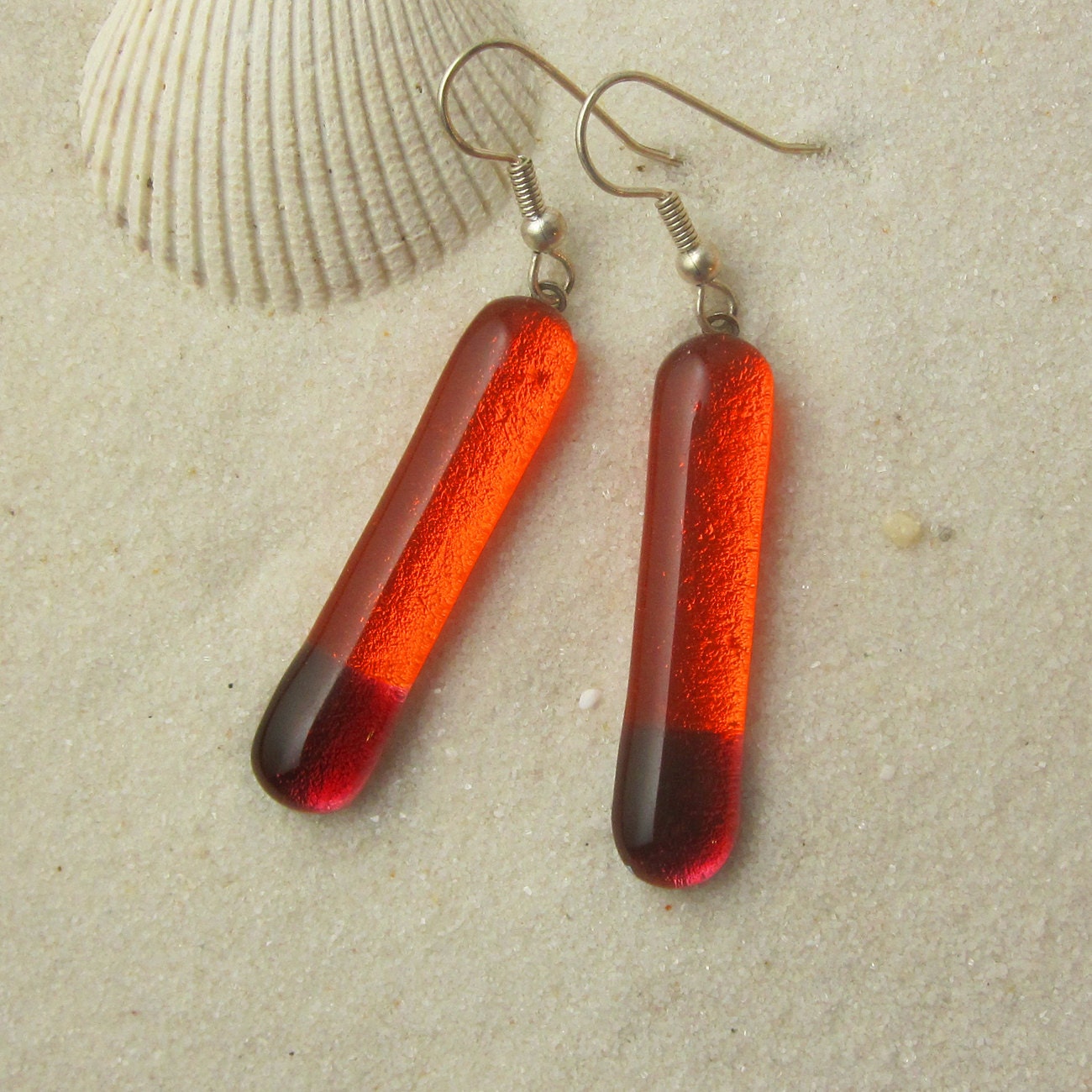 Red Orange &  Cranberry Dichroic Earrings  - DGE 350