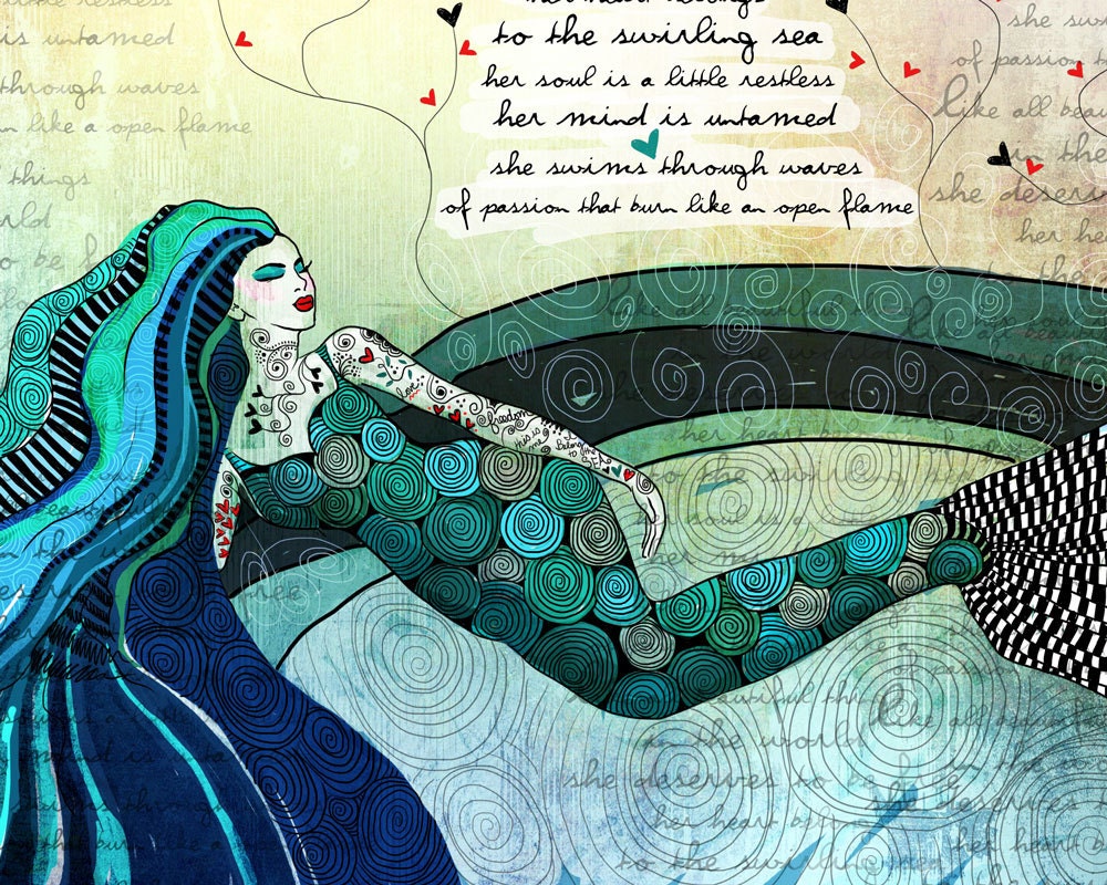 Mermaid Art Print original illustration ART Print Hand SIGNED size 8 x 10