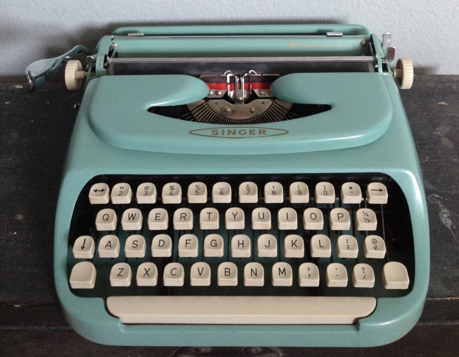 Vintage Robins Egg Blue Singer Scholastic Model T-4 Typewriter with case.  Made in Holland.  1960s.