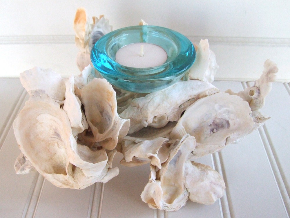 Coastal Oyster Shell with Turquoise Candle Holder