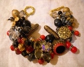 Chunky Black Red Charm Bracelet Reworked Vintage Earrings Beads FREE SHIPPING
