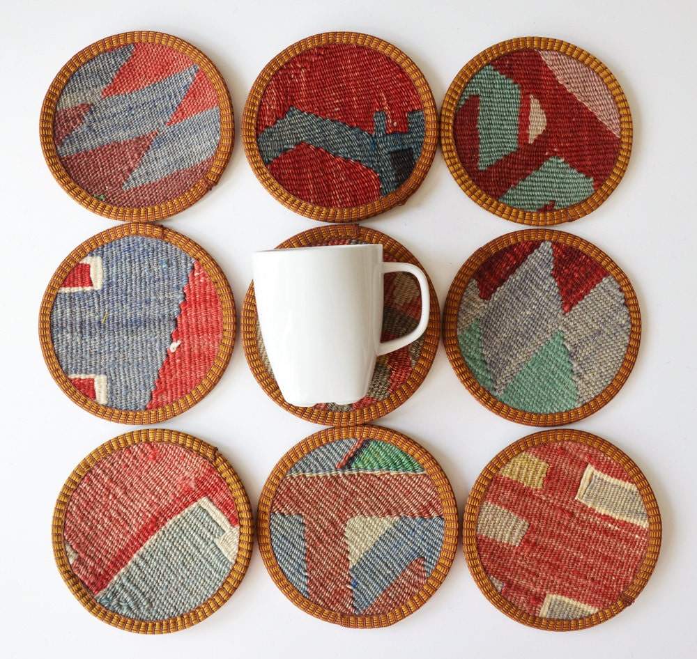 Sukan / Hand Woven - Turkish Antique Kilim Cups Coasters - drink coasters - cup coaster - coaster - 9 pcs