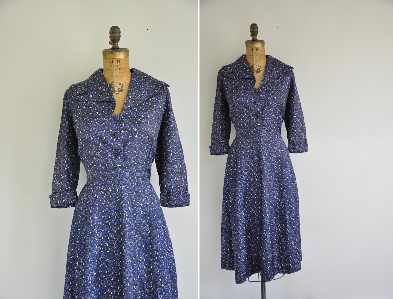 50s dress / vintage 1950s plus size print dress / 1950s Starry Night Dress