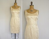 50s dress / vintage 1950s gold brocade party dress / 50s shimmery gold dress