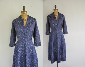 50s dress / vintage 1950s plus size print dress / 1950s Starry Night Dress