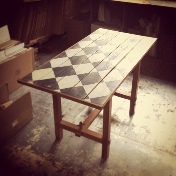 Kitchen Table Maurice de Sully: Puzzle Table, reclaimed oak, milk paint checkerboard.