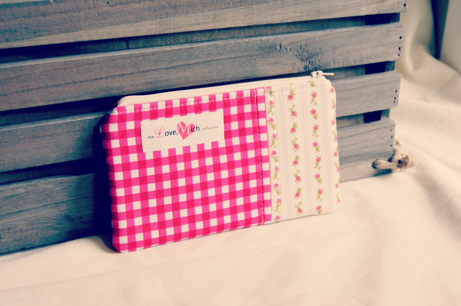 Medium Zippy Pouch - READY TO SHIP- Vintage Rose Flowers and Hot Pink Gingham