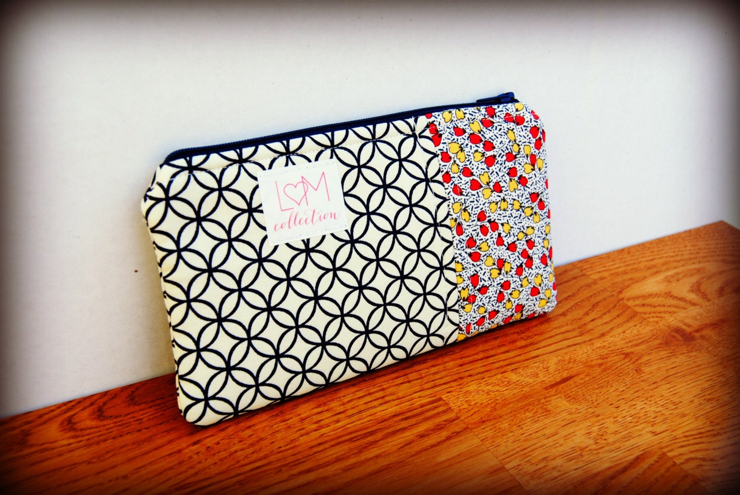 Medium Zippy Pouch - READY TO SHIP - Cream and Navy Circles with Tiny Flowers