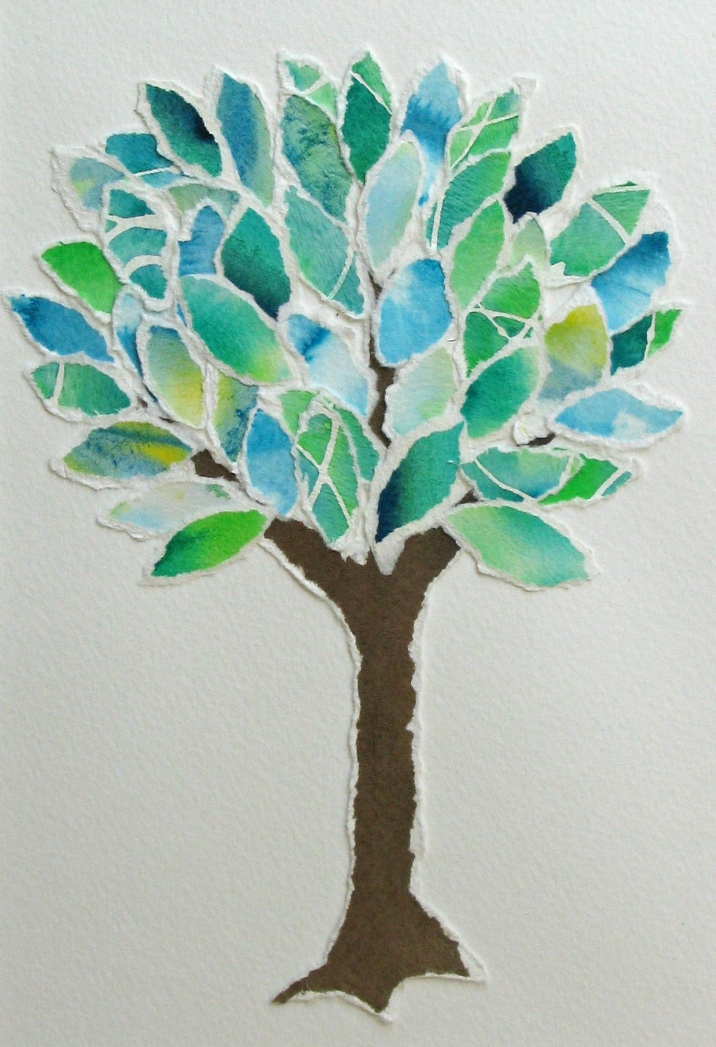 Green Tree - recycled watercolor collage - original