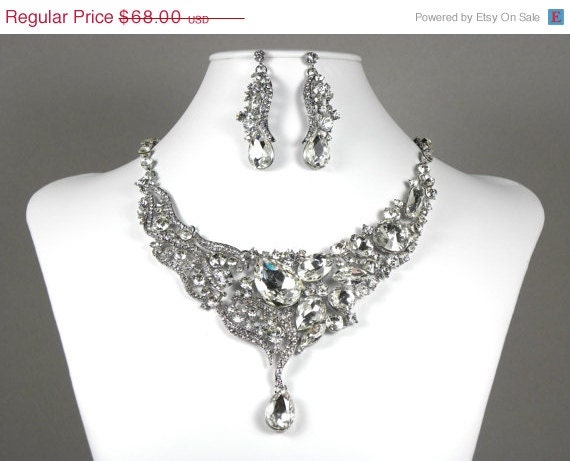ON SALE Bridal Necklace Earrings, Wedding Jewelry Set, Rhinestone Statement Necklace, Crystal Bridal Necklace and Earrings