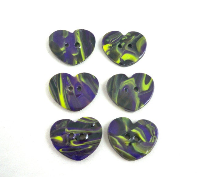 Heart button set of six purple and lime polymer clay mod buttons