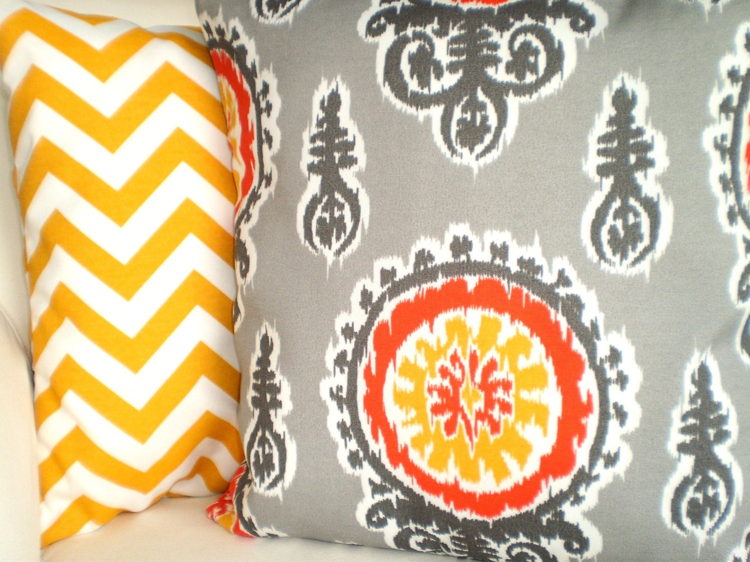 OUTDOOR Pillows Decorative Pillows Throw Pillow Cushion Covers Gray Orange Yellow White Indoor Outdoor BOTH SIDES - Pair of Two 18 x 18