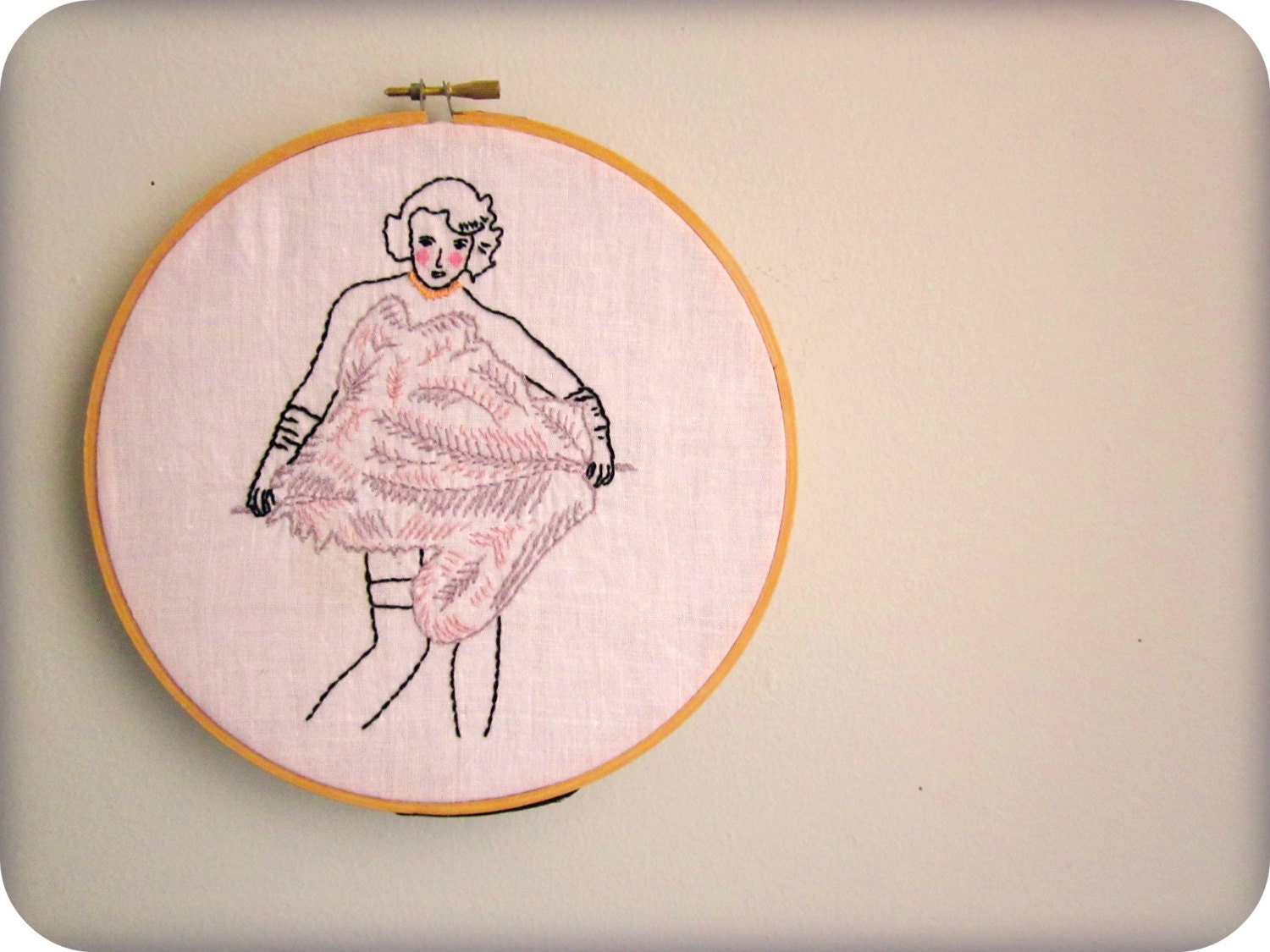 burlesque art FEATHERS FANS original embroidery hoop art vintage inspired wall art in lavender