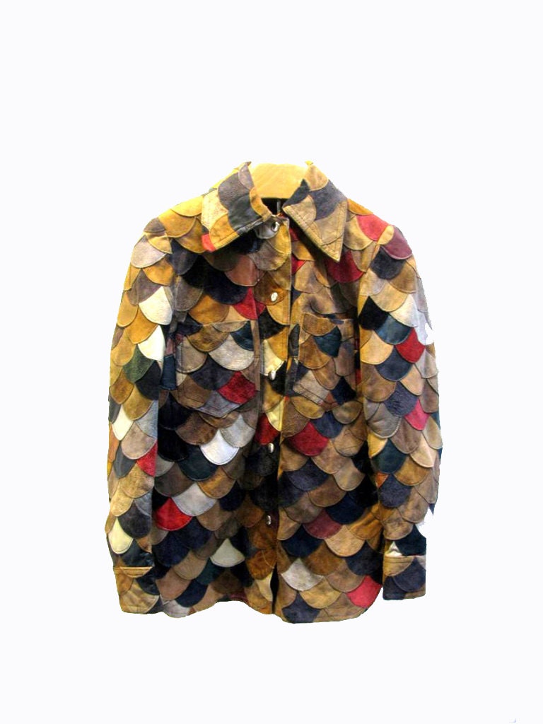 Vintage Leather Jacket  Womans Multcolor 1970s Leather and Suede Patchwork Suede Snap Front Coat