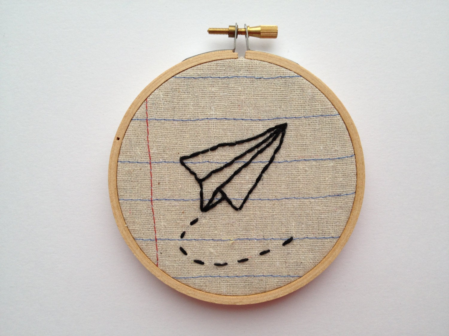 Paper Airplane- Four Inch Embroidery Hoop Wall Art- Machine Stitched and Hand Embroidered