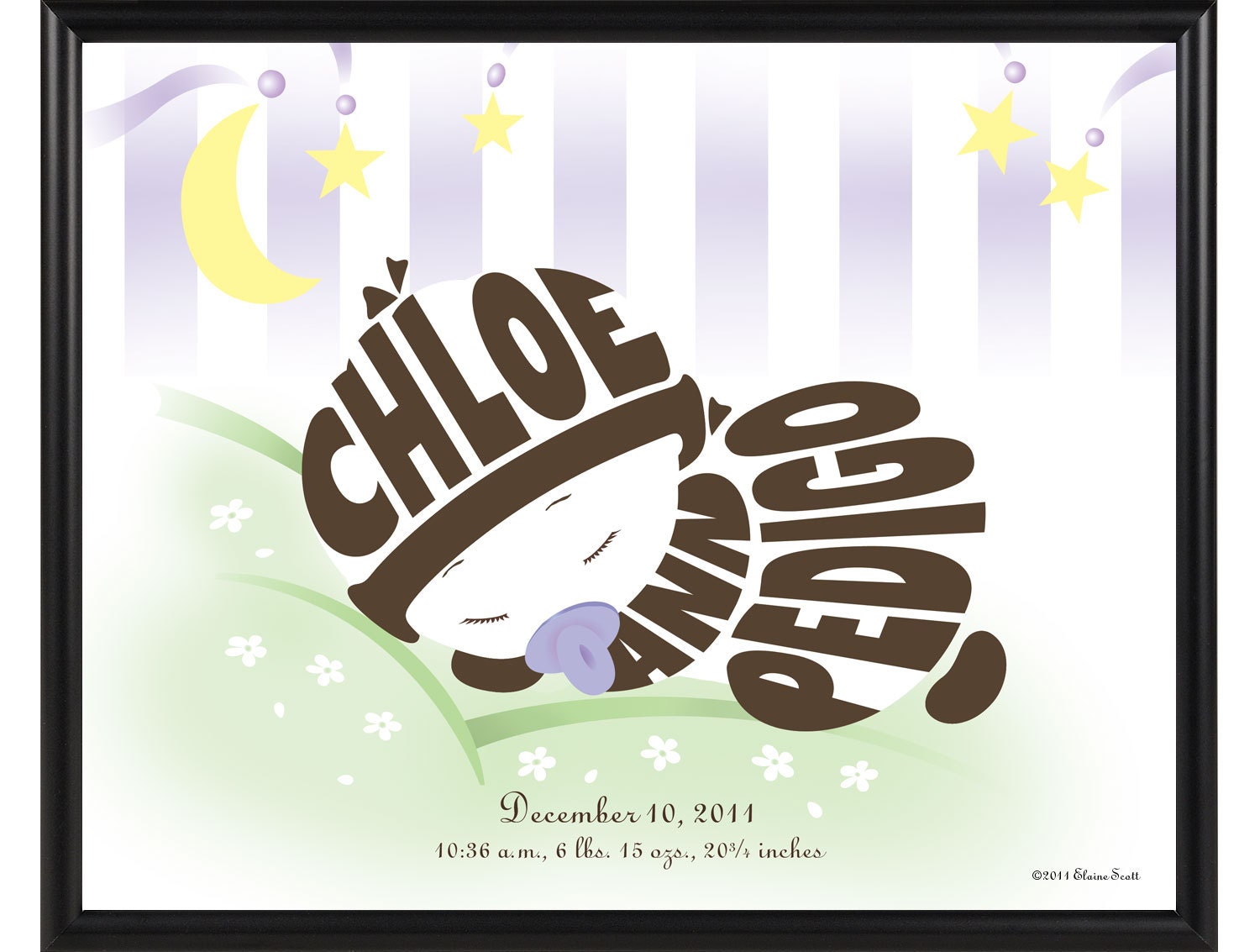 Lavender Nursery Decor - Personalized Baby Girl Print with Brown Ink - Framed