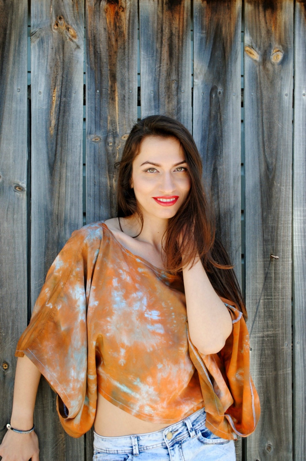 Wide Sleeve Orange & Blue Boxy Blouse Womens Clothing Top