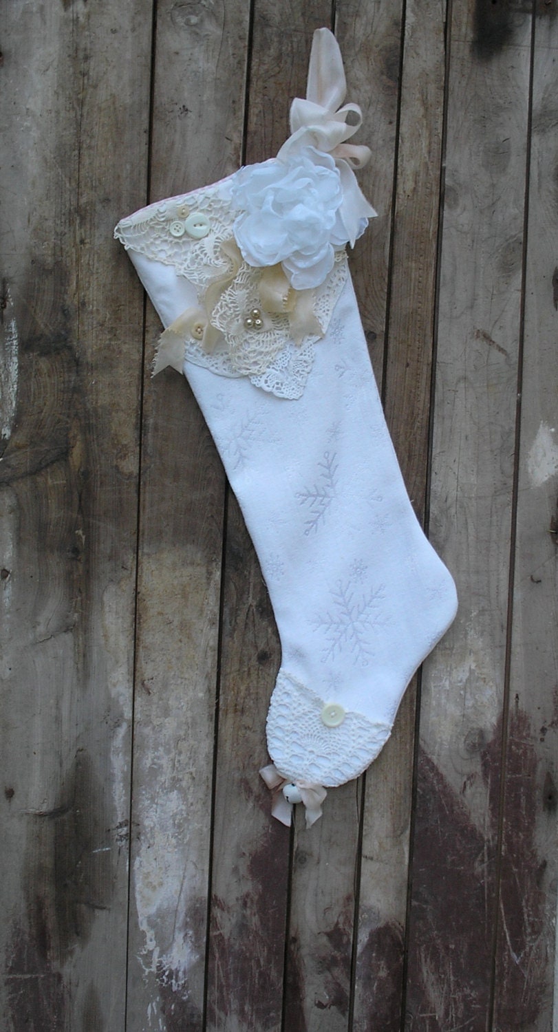 Shabby Chic White and Ecru Christmas Stocking