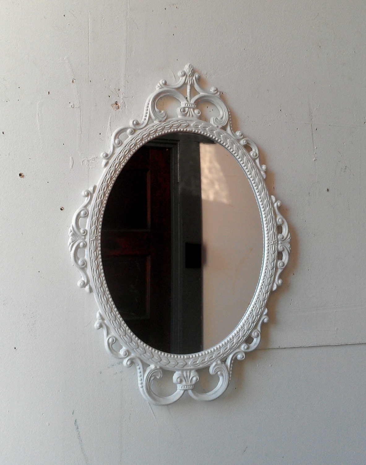 Ornate Oval Mirror in Metal Frame - 17 x 12 inch Handpainted Brass in True White