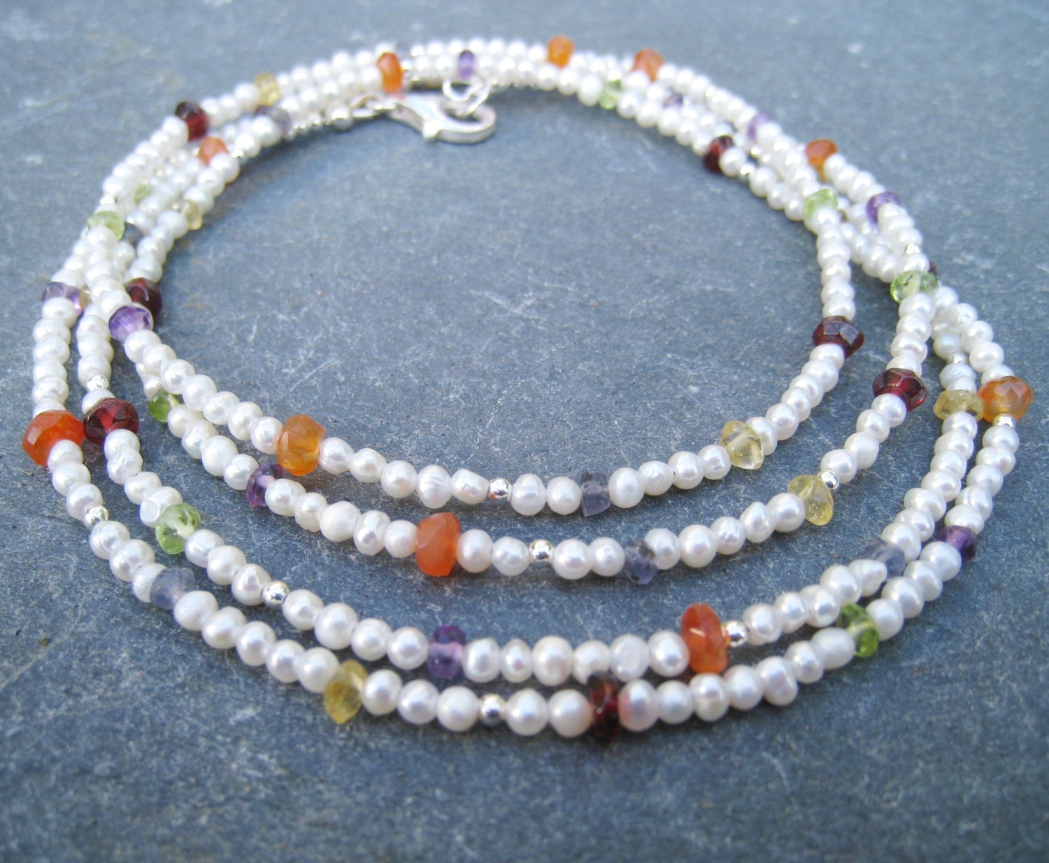 Artisan Handmade Seed Pearl Multi Gemstone Sterling Silver Long Necklace layering necklace white pearl necklace gemstone necklace