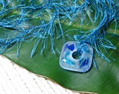 Meditation Pendant / Fused Blue Glass Square / Clear  on  Blue Eyelash Ribbon/Yarn
