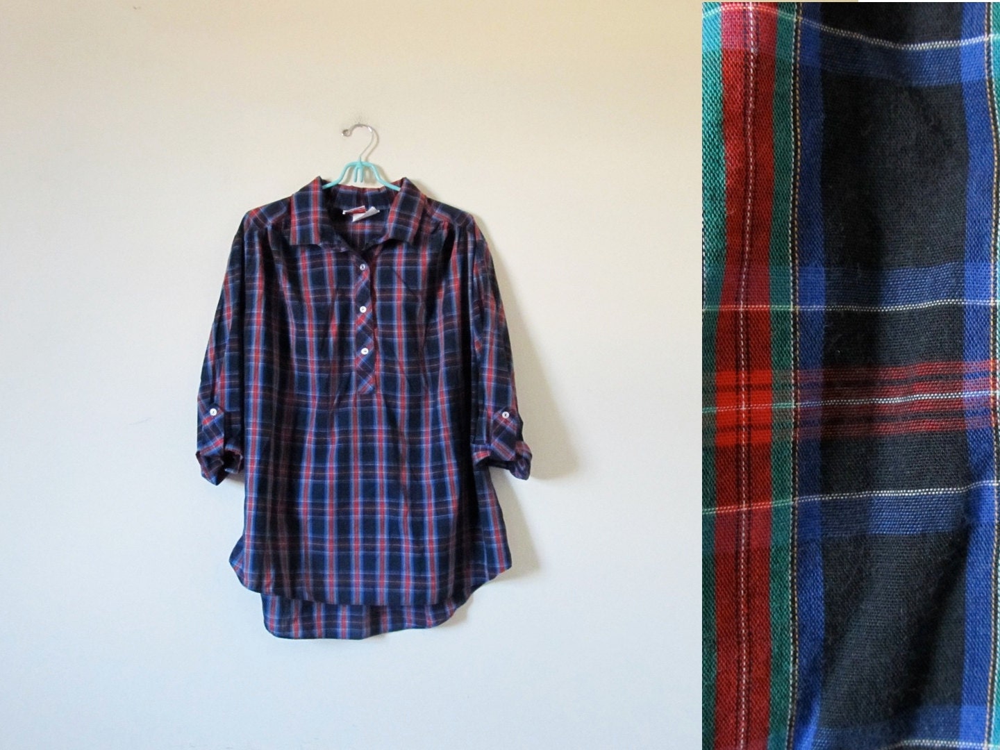 vintage 1980s Shirt // Plaid // Black, Blue and Red // Boxy Oversized // Pullover // M/L/XL