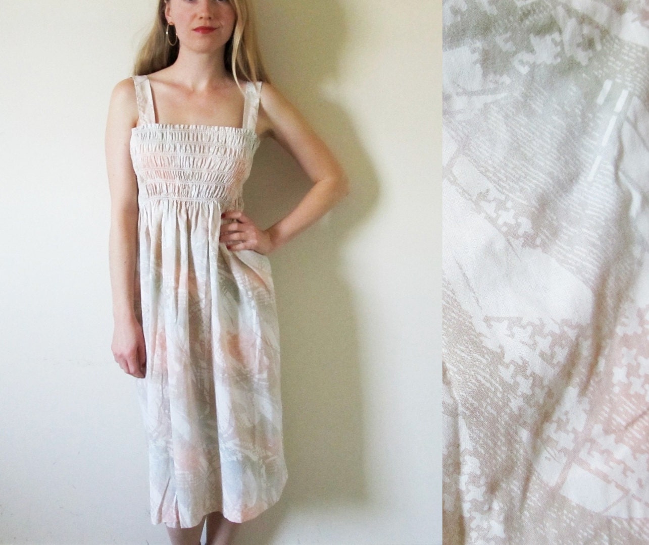 vintage 1970s sun dress // pastel neutral colors // smocked elastic // summer // size medium m