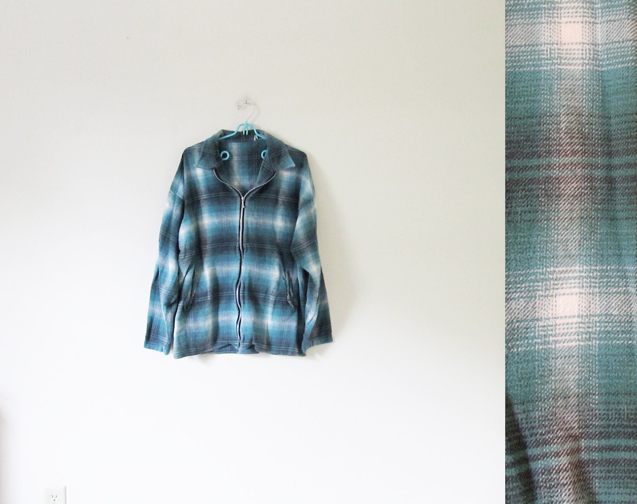 vintage 1990s shirt // flannel // ombre plaid // green // black // zipper // size large l // medium m