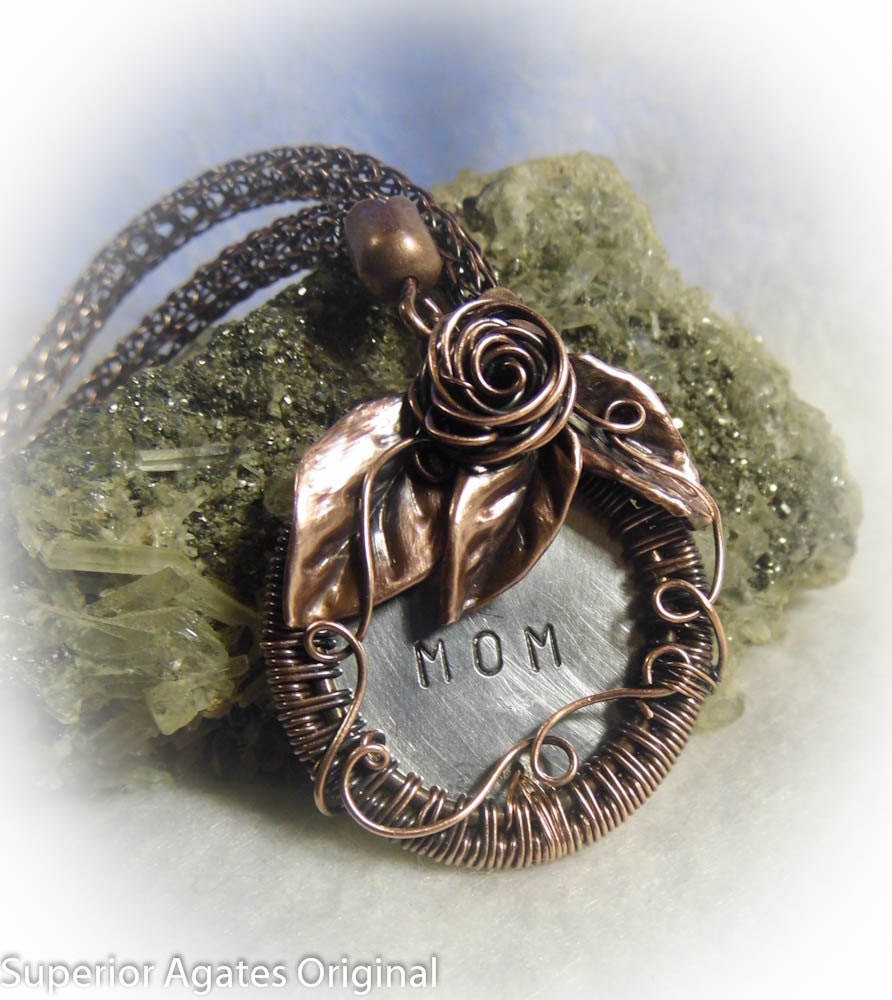 Antiqued Copper Wire Wrapped Hand Stamped Mom Necklace