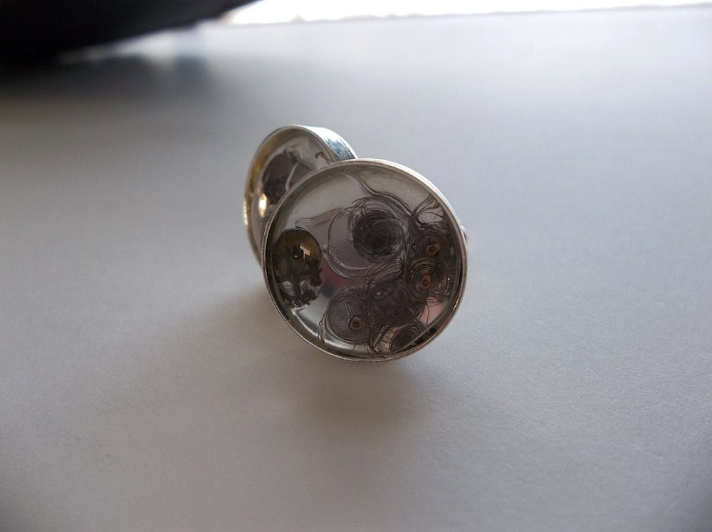 Cuff Links with watch springs and Gears silver finish