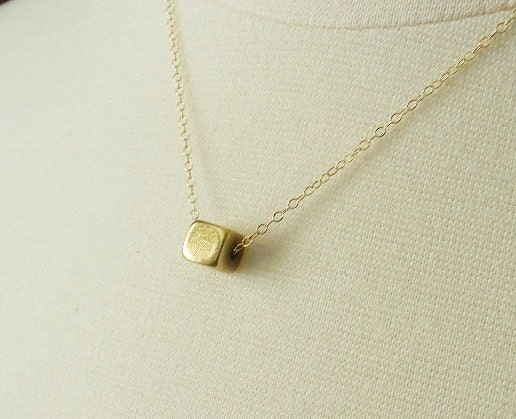 Tiny brass cube, geometric necklace, sleek modern jewelry