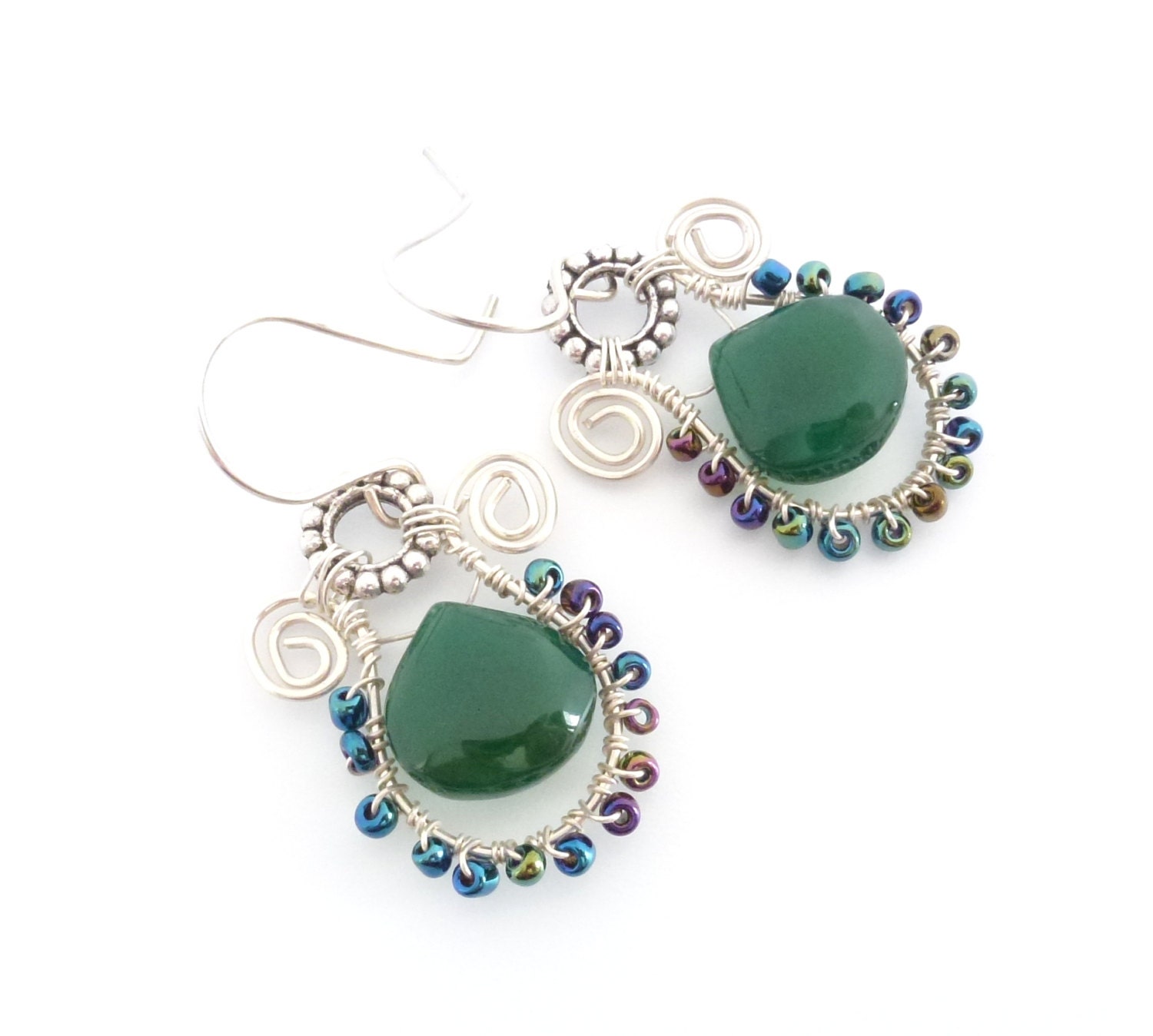 Green Onyx Sterling Silver Wire Wrapped Earrings