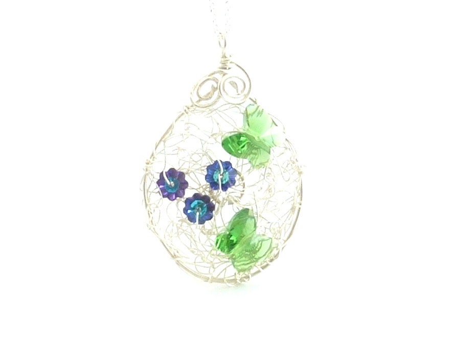 Crystal Butterfly Sterling Silver Wire Crochet Necklace