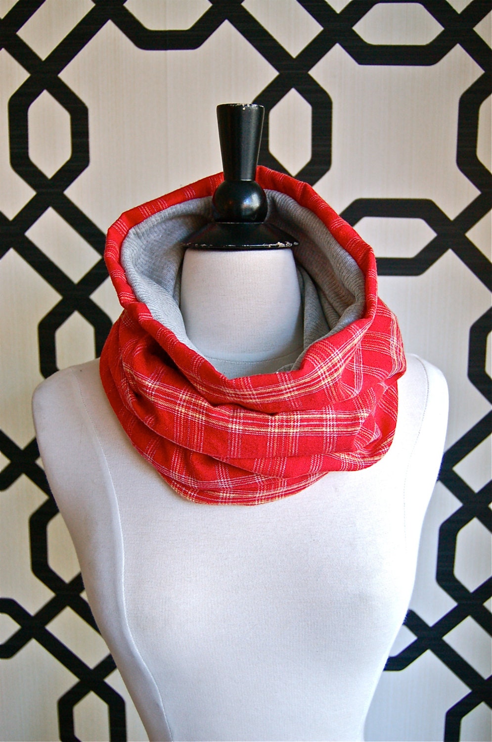 Red Plaid with Grey Tuesday Cowl Scarf