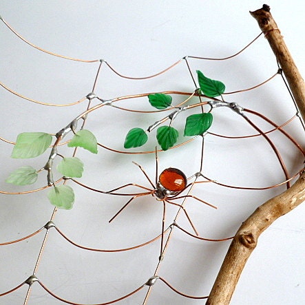 New Handmade Fall Driftwood Spider Web With Two Spiders