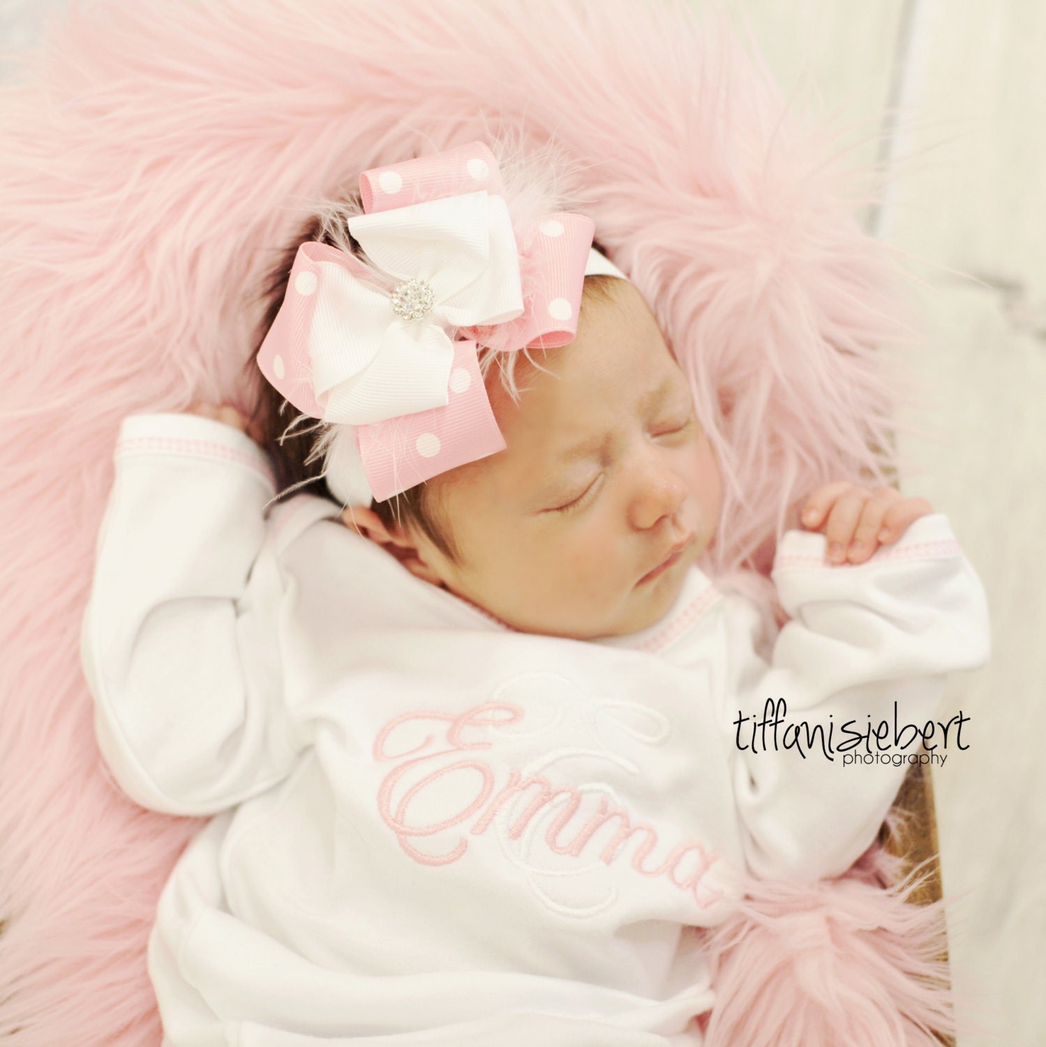 Simply Sweet - White and Pink Layette Gown with Coordinating Bow Headband.