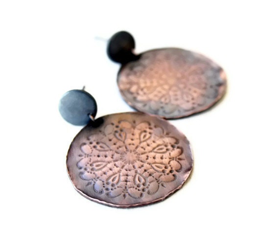 Lace Copper Embossed stud dangle earrings / Round dangle earrings with lace design / mixed metal earrings / Handmade FREE SHIPPING