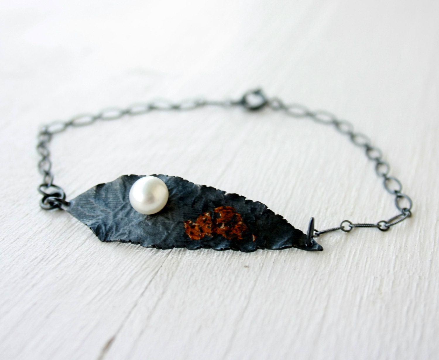Leaf bracelet sterling silver with white pearl / gold and silver embossed bracelet / keum boo oxidized Handmade FREE SHIPPING