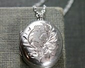 Floral Engraved Sterling Silver Locket Necklace, Vintage 1978 Unique Pendant - Flowers and Leaves