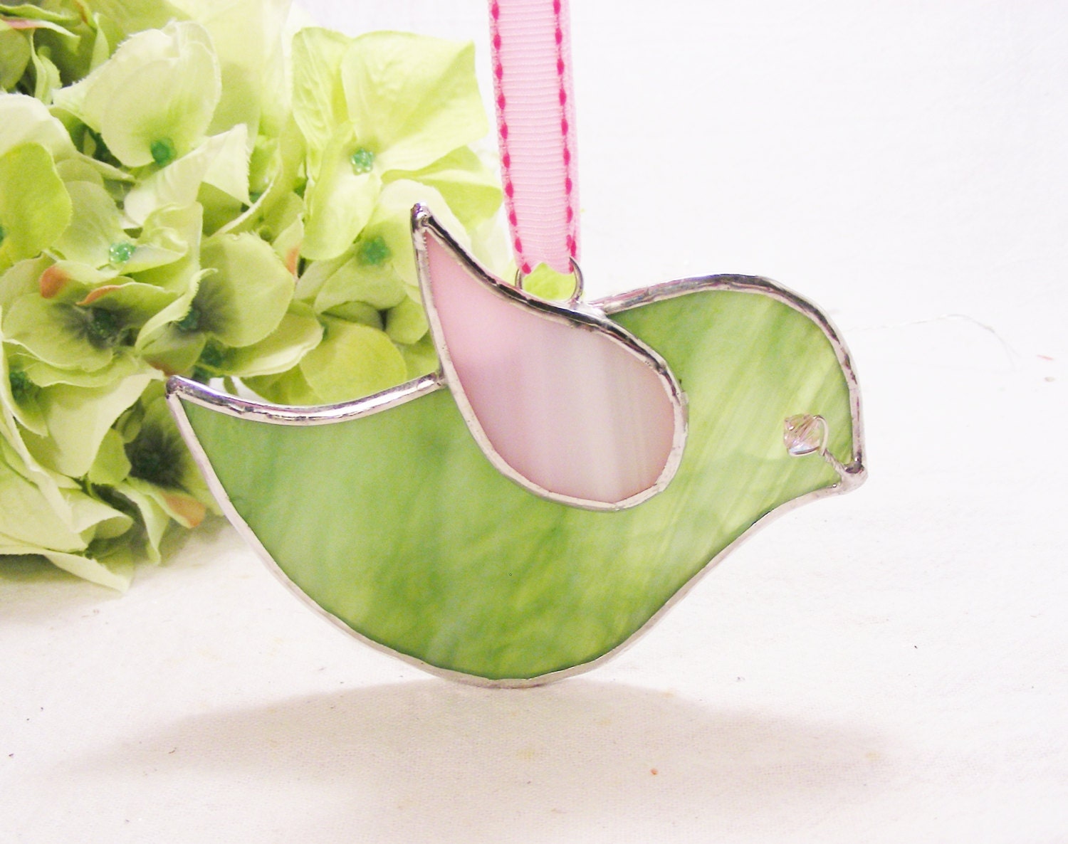 Hanging Sage and Pink Birdie with Ribbon (ready to ship)